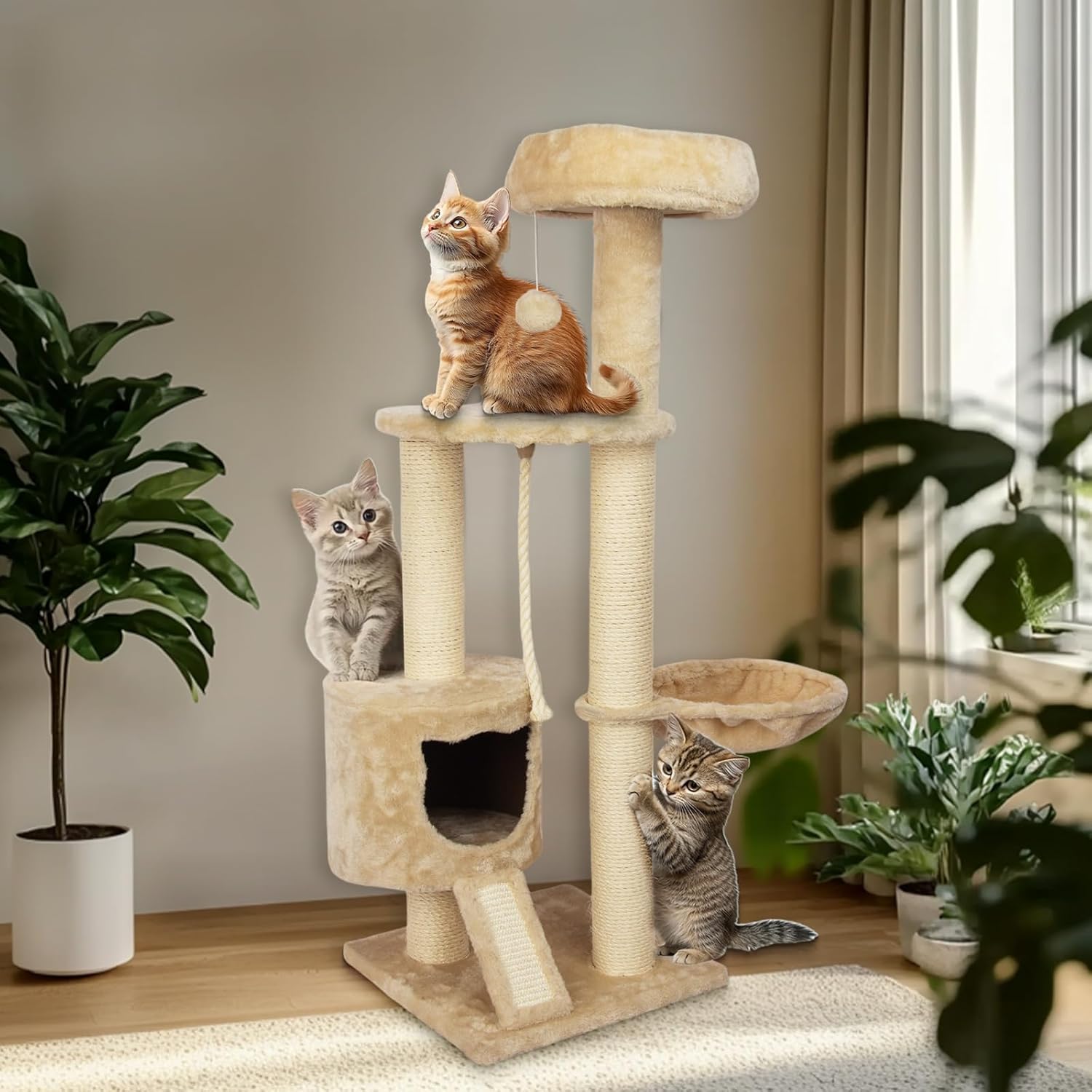 Beige four-layer cat climbing frame with cat house