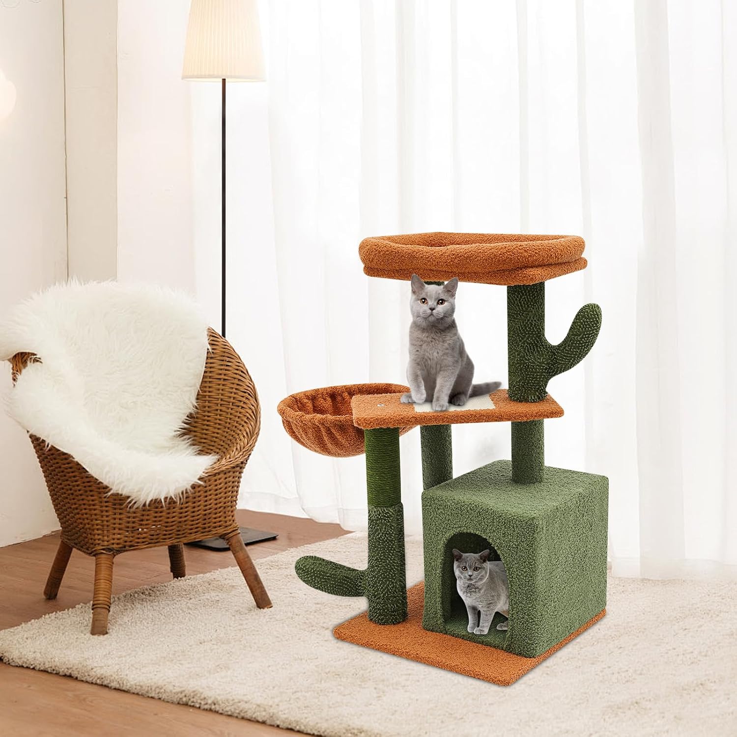 Multilevel Cat Tower Cactus-Shape Cat Tree Tower with Scratching Posts+Jumping Platforms + Cat Nest and 16.5lbs Load Capacity, Green Cactus Cat Condo Perch for Indoor Large Small Cats