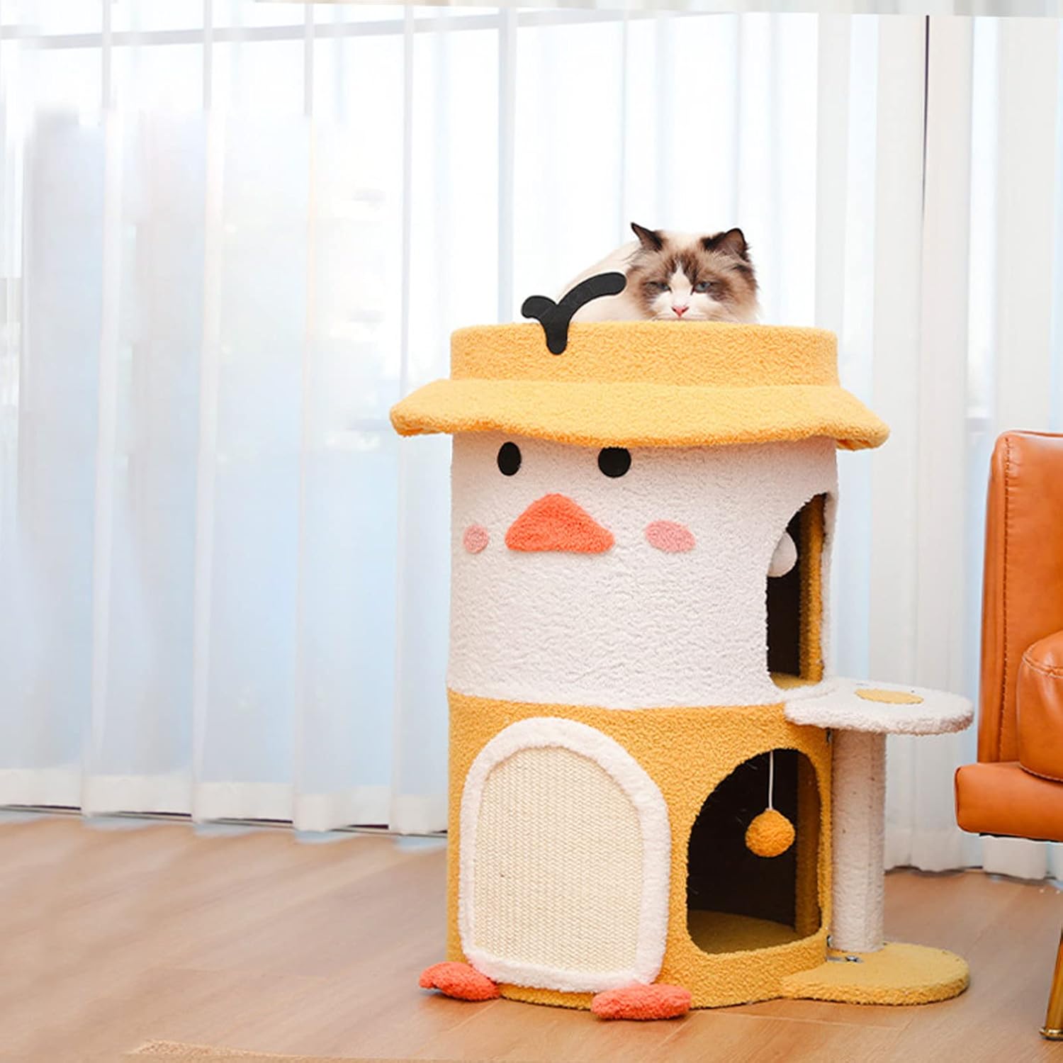 All-in-One Design Cute Yellow Duck Multifunctional Cat Tree and Cat House Up to 75Kg - Easy Assemble Cat Castle for Cats,S