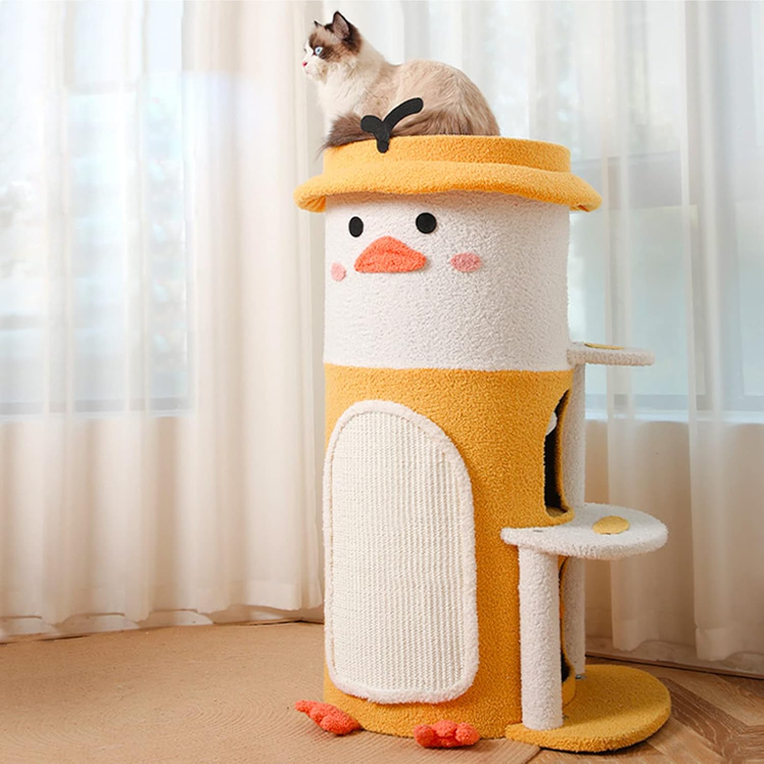 All-in-One Design Cute Yellow Duck Multifunctional Cat Tree and Cat House Up to 75Kg - Easy Assemble Cat Castle for Cats,M