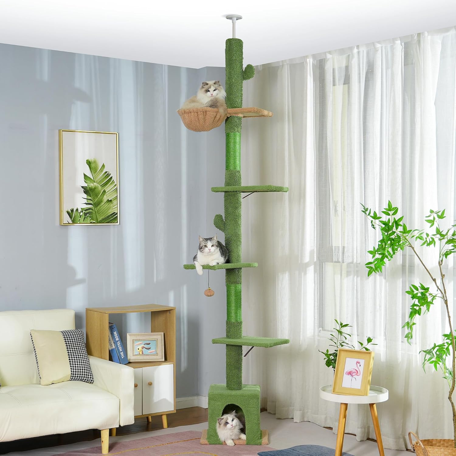 Floor to Ceiling Cat Tree Tall Cat Tower with Adjustable Height (81.8-108 Inches) with Fully Scratching Post Private Condo and Hammock for Indoor Cats 