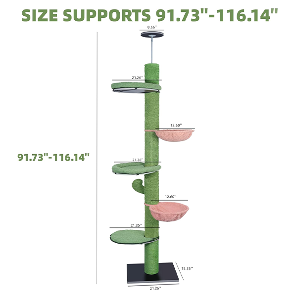 Adjustable Tall Cat Climbing Tree Floor-to-Ceiling Climber Toy with Hanging Hammock and Scratching Posts Furniture,Green