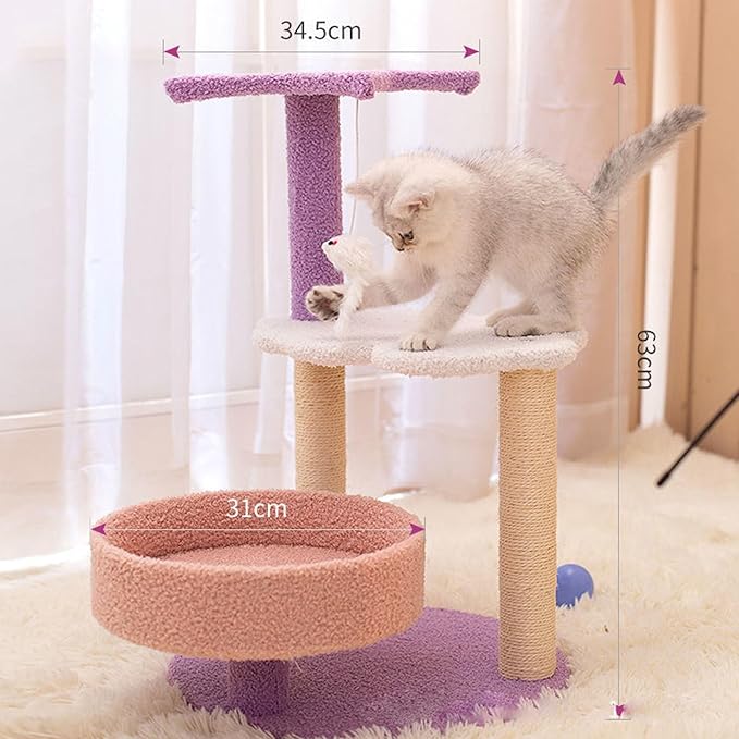 Cat Tree for Indoor Cats, Cat Tower with Scratching Post, Modern Kittens Cute Furniture, Multi-Level Plush Bed Perches, and Interactive Dangling Ball for Small Pet Play