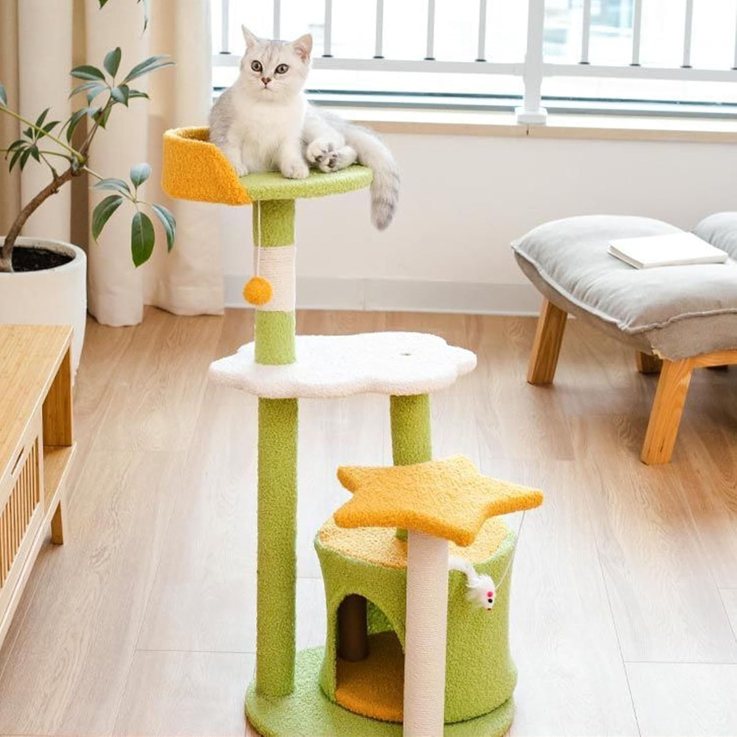 Cat Tree for Indoor Cats, Cat Tower with Scratching Post, Modern Kittens Cute Furniture, Multi-Level Plush Bed Perches, and Interactive Dangling Ball for Small Pet Play