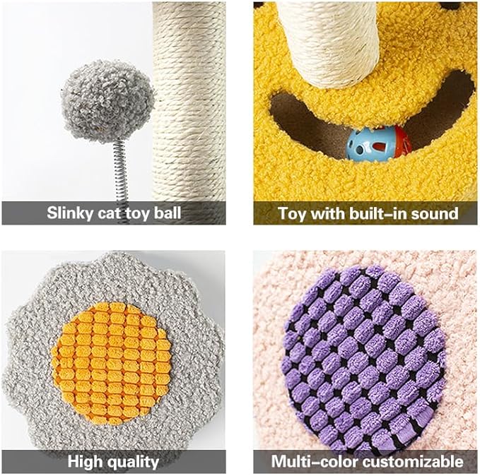 Flower-Shaped Cat Tree with Sisal Post, 13.8W x 13.8D x 17.7H inches, Interactive Dangling Balls (Dark Blue)