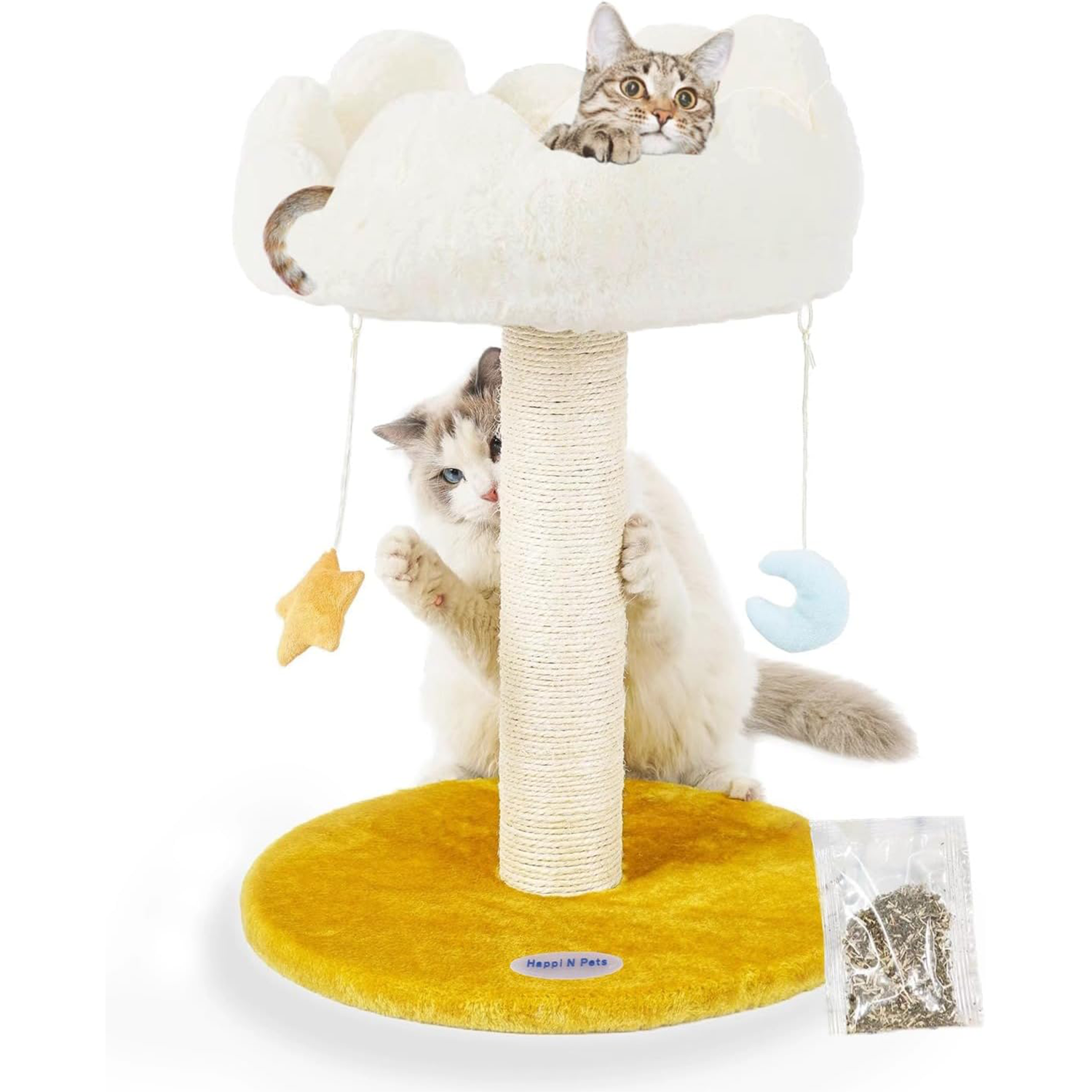 Happi N Pets Cloud Cat Tree, Cat Scratching Post with Bed, Small Cat Tree for Kittens, Cat Scratch Post with Cloud-Shaped Soft Perch & Cute Toys, Removeable Cover, Bonus Catnip