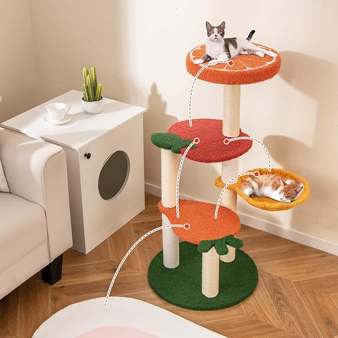 Fruit Cat Tree, Multi-Level Cute Cat Tower with Sisal Scratching Posts, Padded Top Perch, Rotatable Basket, Apple & Carrot Shaped Platform, Chic Vegetable Cat Tree for Indoor Cats