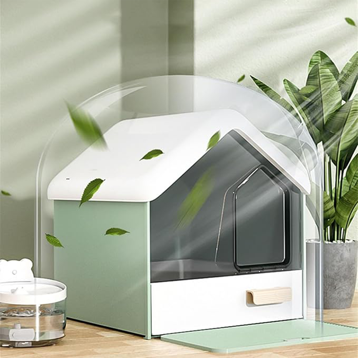 Hooded Kitty Litter Tray for Privacy and Keeping Litter Inside green