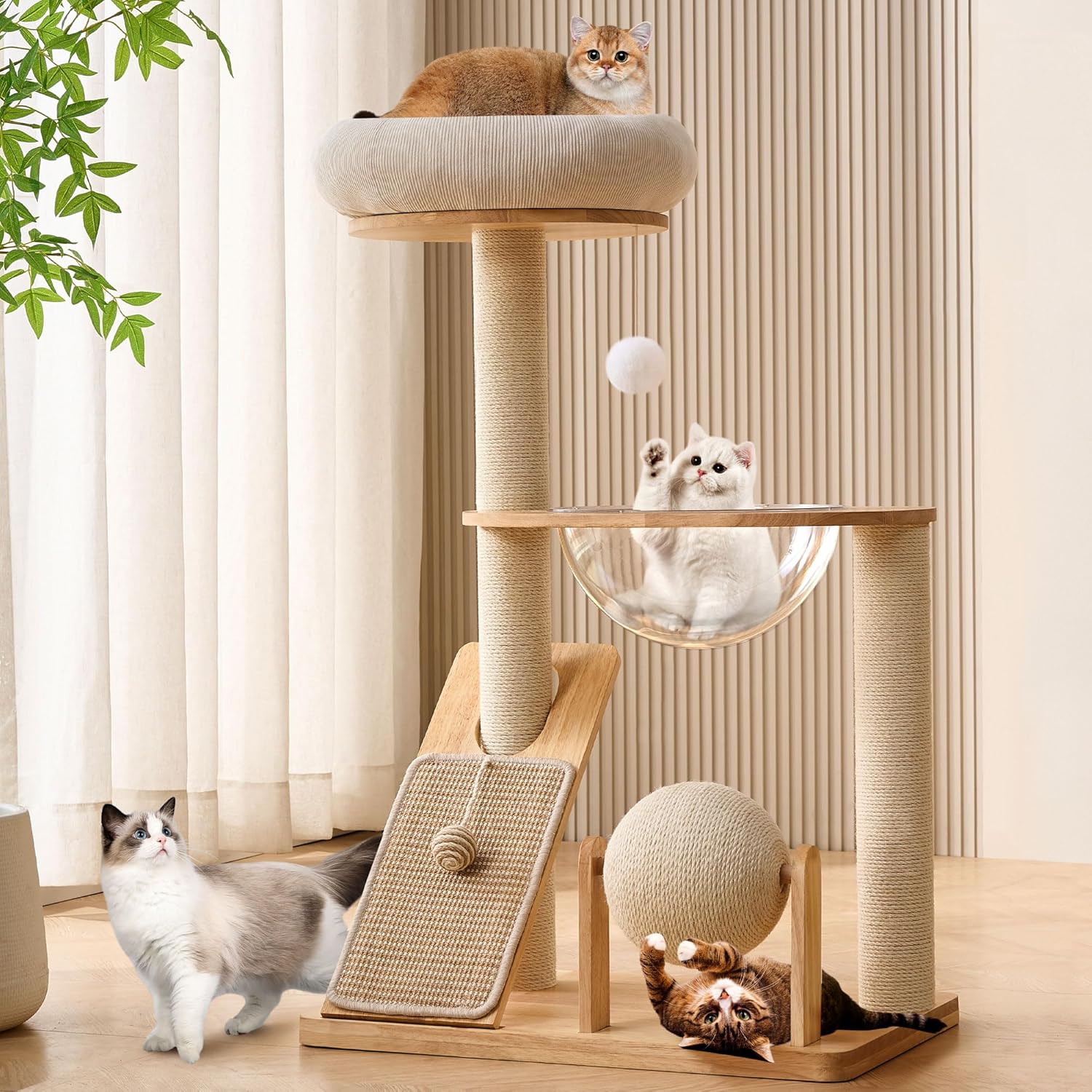 Solid Wood Cat Tree Tower with Scratching Post