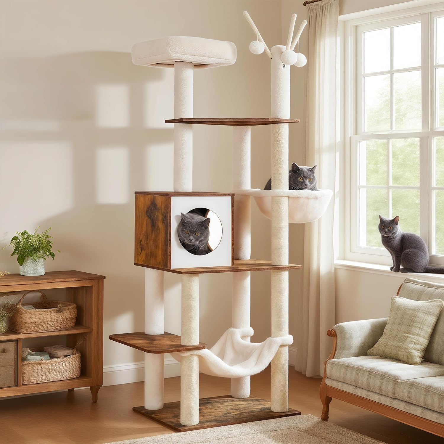 Wooden Cat Tree, 66.1“ Cat Furniture with Scratching Posts
