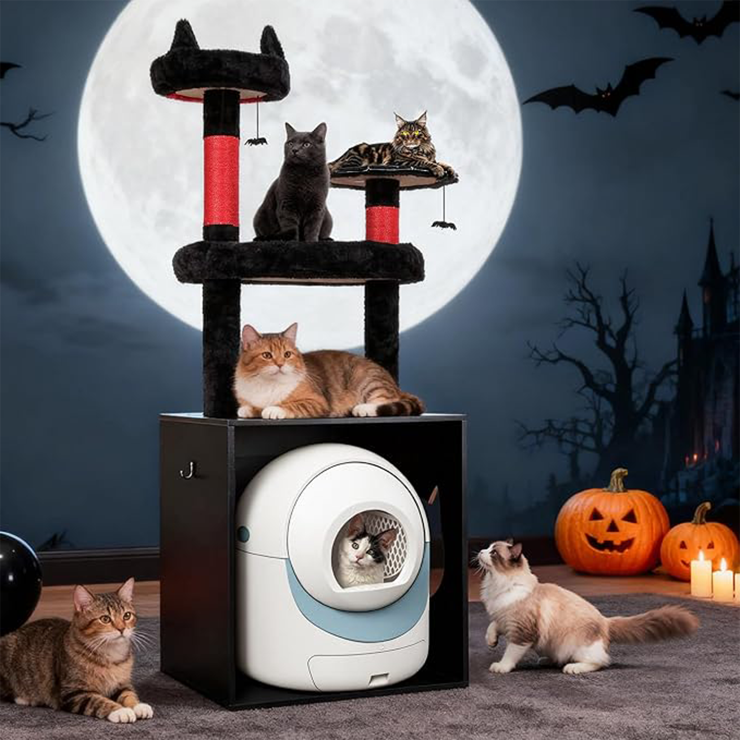 Cat Tree with Litter Box Enclosure, 68''H Cats Tree with Scratching Post