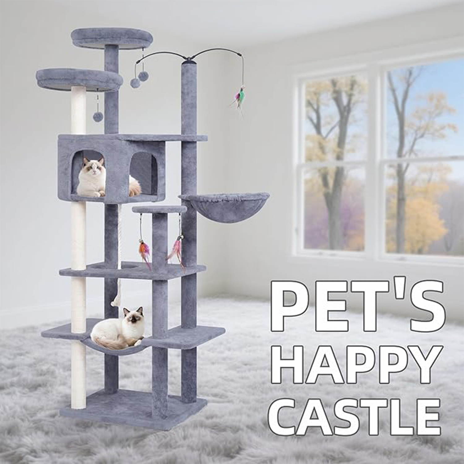 Big Cat Tree, Cat Tower with Multi-Level Condo, Hammocks, Rotating Toy (Grey,