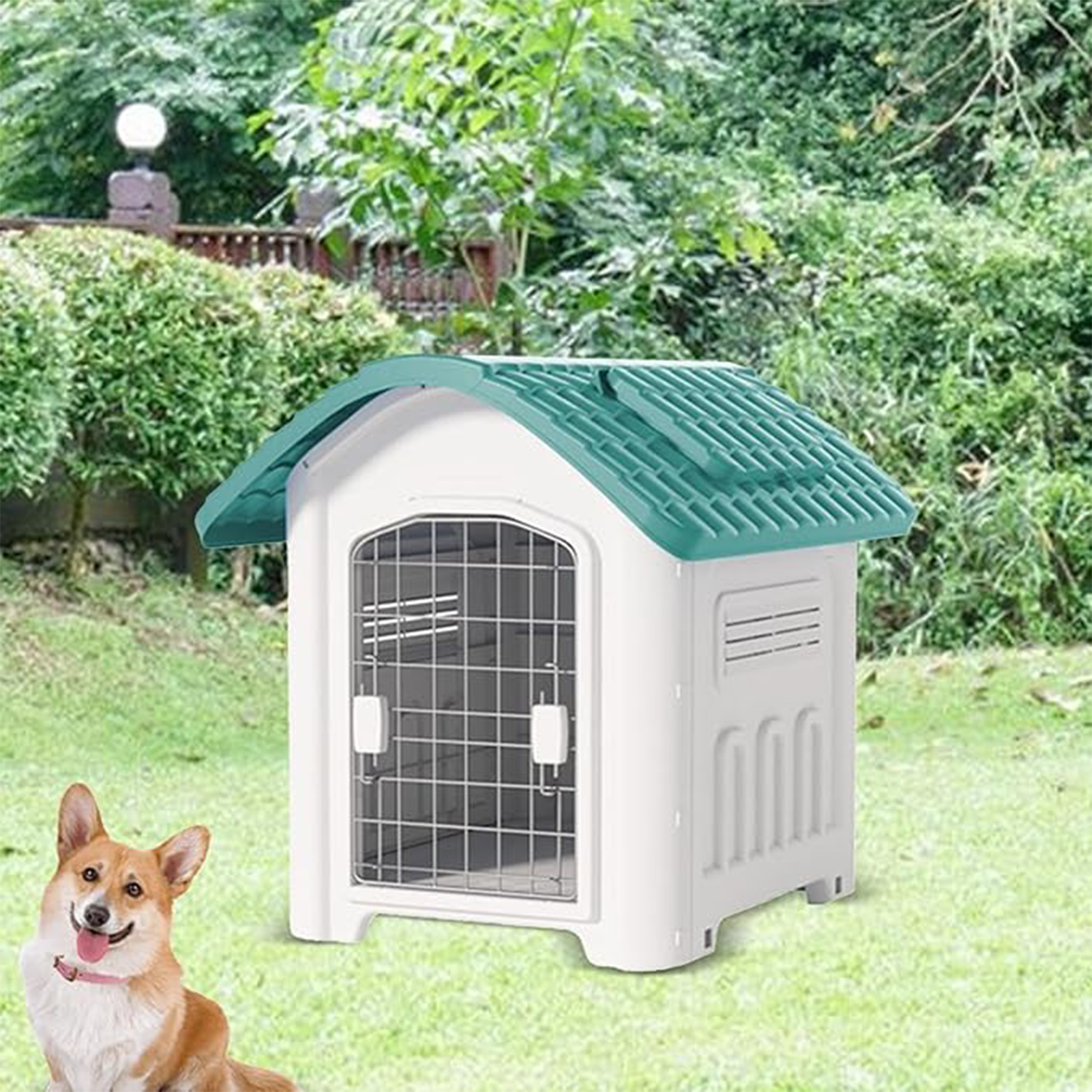 Dog House Lightweight and Spacious for All Breeds, Green with Door